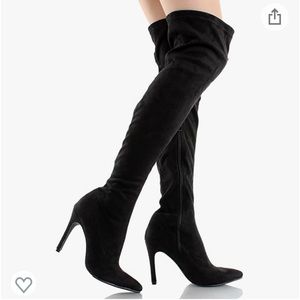 Breckelles black faux suede, stiletto, thigh, high boots